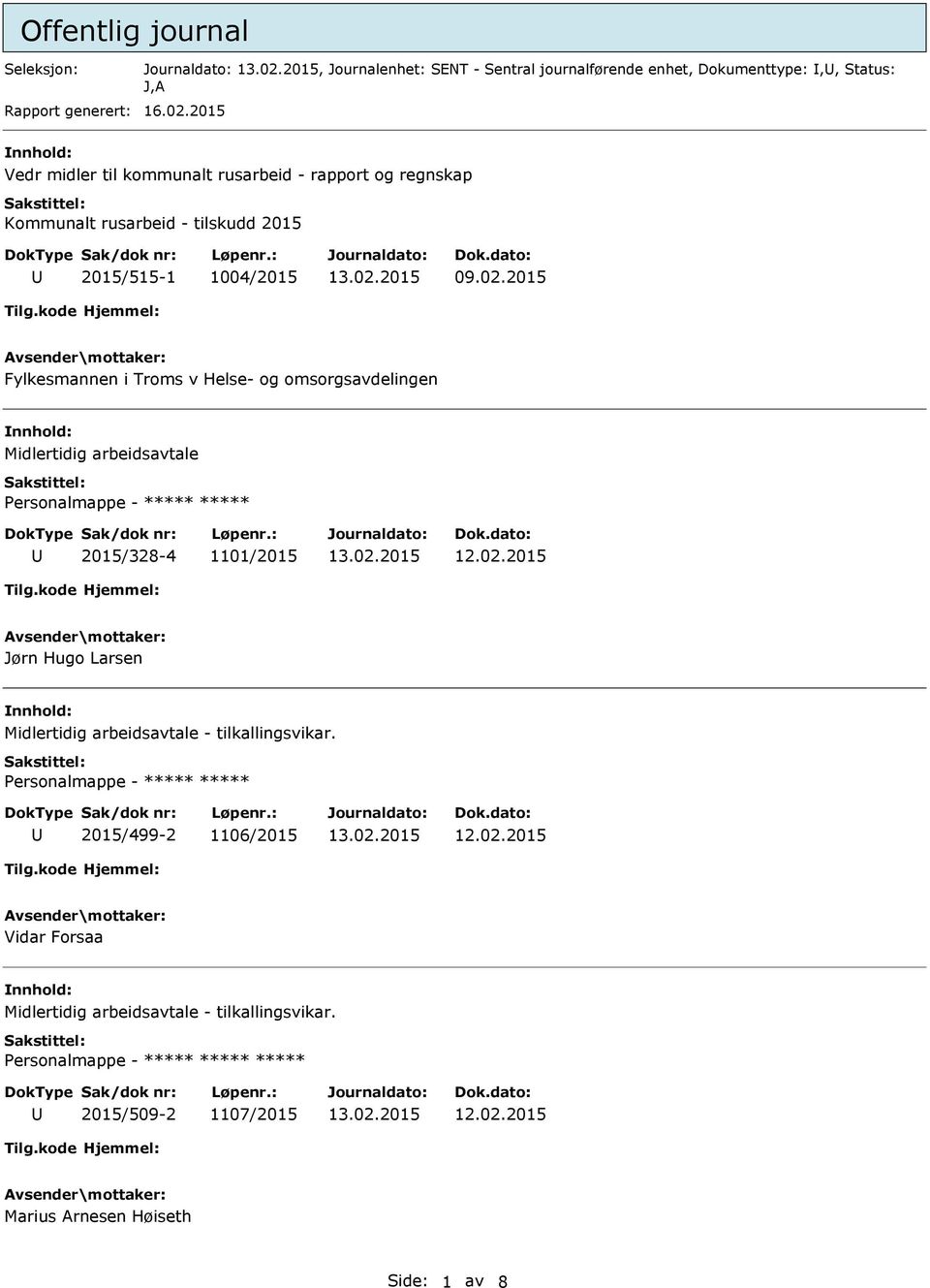2015 Fylkesmannen i Troms v Helse- og omsorgsavdelingen Midlertidig arbeidsavtale 2015/328-4 1101/2015 Jørn Hugo Larsen Midlertidig