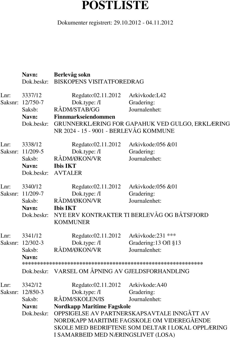 beskr: AVTALER Lnr: 3340/12 Regdato:02.11.2012 Arkivkode:056 &01 Saksnr: 11/209-7 Dok.type: /I Gradering: Ibis IKT Dok.