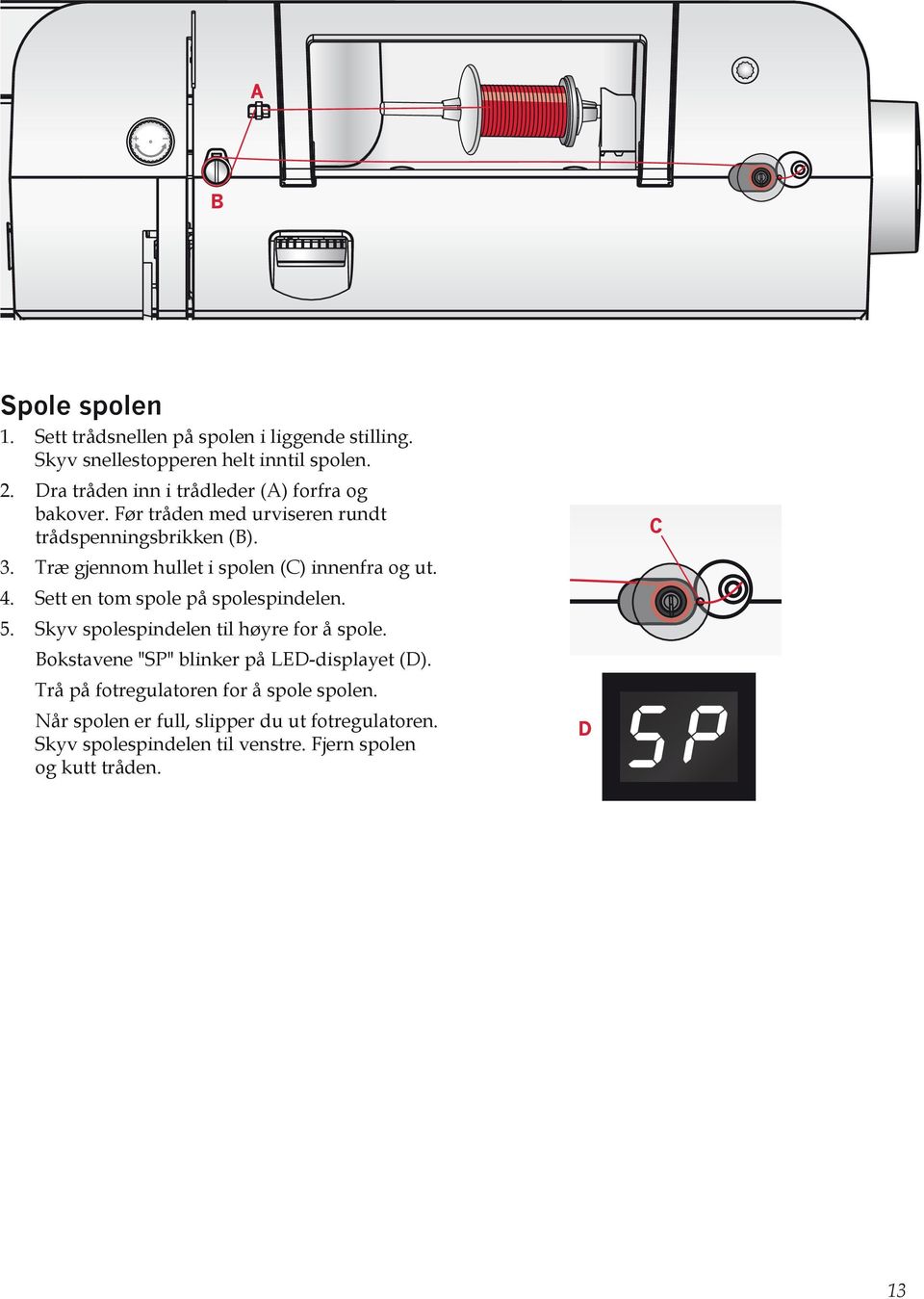 Træ gjennom hullet i spolen (C) innenfra og ut. 4. Sett en tom spole på spolespindelen. 5. Skyv spolespindelen til høyre for å spole.