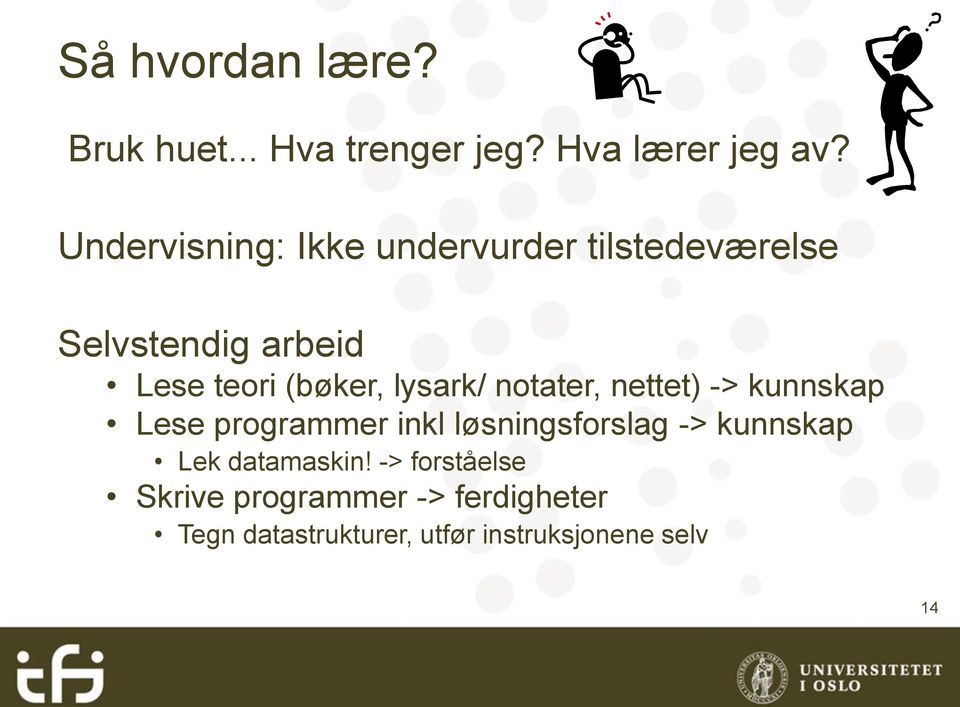 lysark/ notater, nettet) -> kunnskap Lese programmer inkl løsningsforslag -> kunnskap