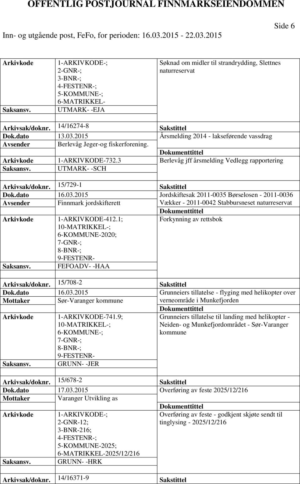 15/729-1 Sakstittel Dok.dato 16.03.2015 Jordskiftesak 2011-0035 Børselosen - 2011-0036 Avsender Finnmark jordskifterett Vækker - 2011-0042 Stabbursneset naturreservat 1-ARKIVKODE-412.