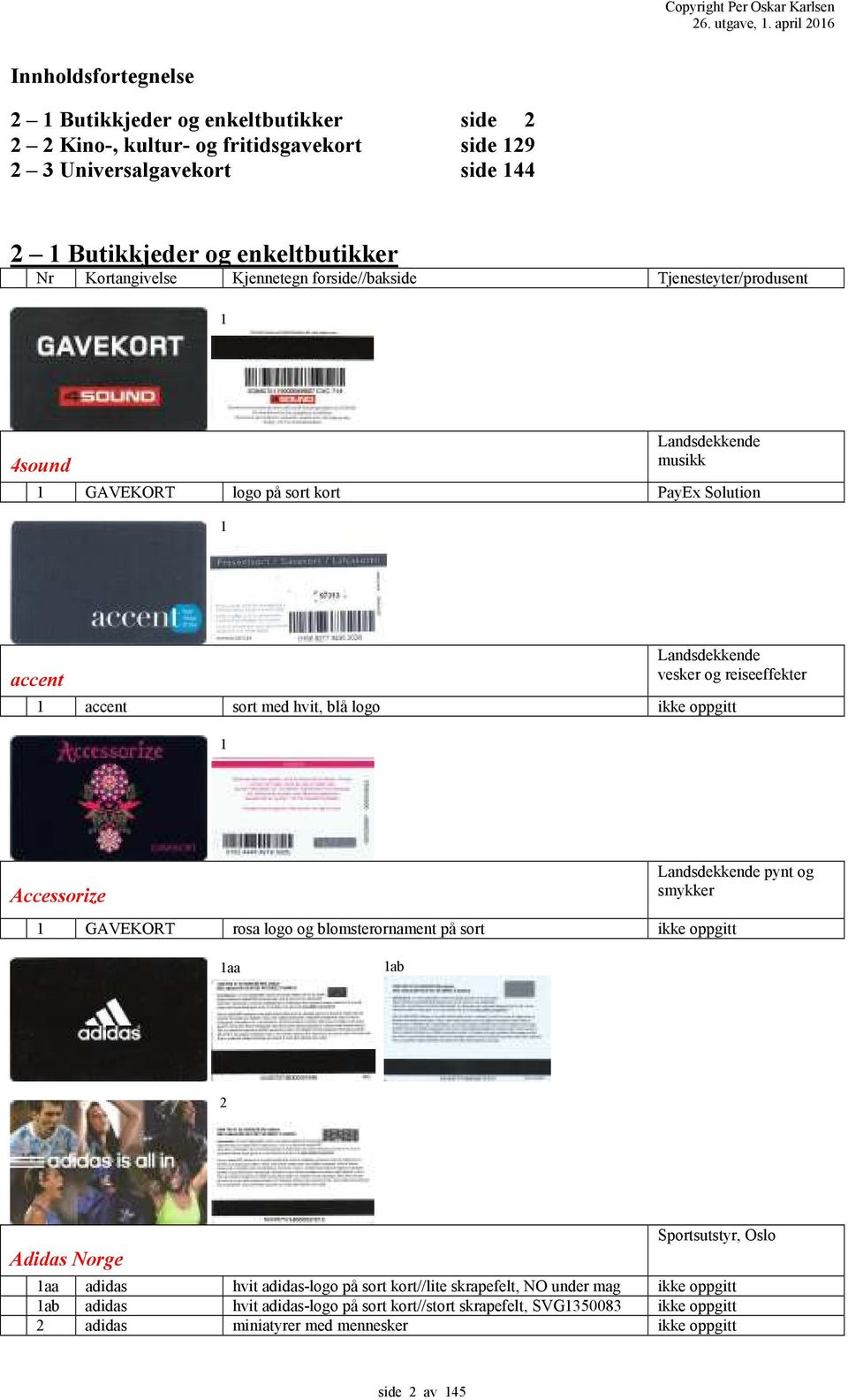 Kortangivelse Kjennetegn forside//bakside Tjenesteyter/produsent 4sound musikk GAVEKORT logo på sort kort PayEx Solution accent vesker og reiseeffekter accent sort med hvit, blå logo