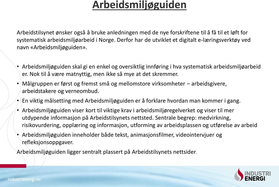 Nok til å være matnyttig, men ikke så mye at det skremmer. Målgruppen er først og fremst små og mellomstore virksomheter arbeidsgivere, arbeidstakere og verneombud.