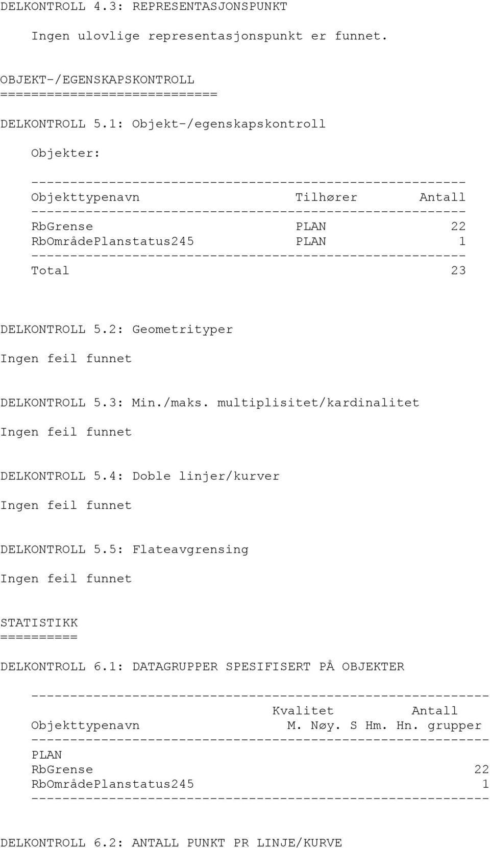 3: Min./maks. multiplisitet/kardinalitet DELKONTROLL 5.4: Doble linjer/kurver DELKONTROLL 5.5: Flateavgrensing STATISTIKK ========== DELKONTROLL 6.