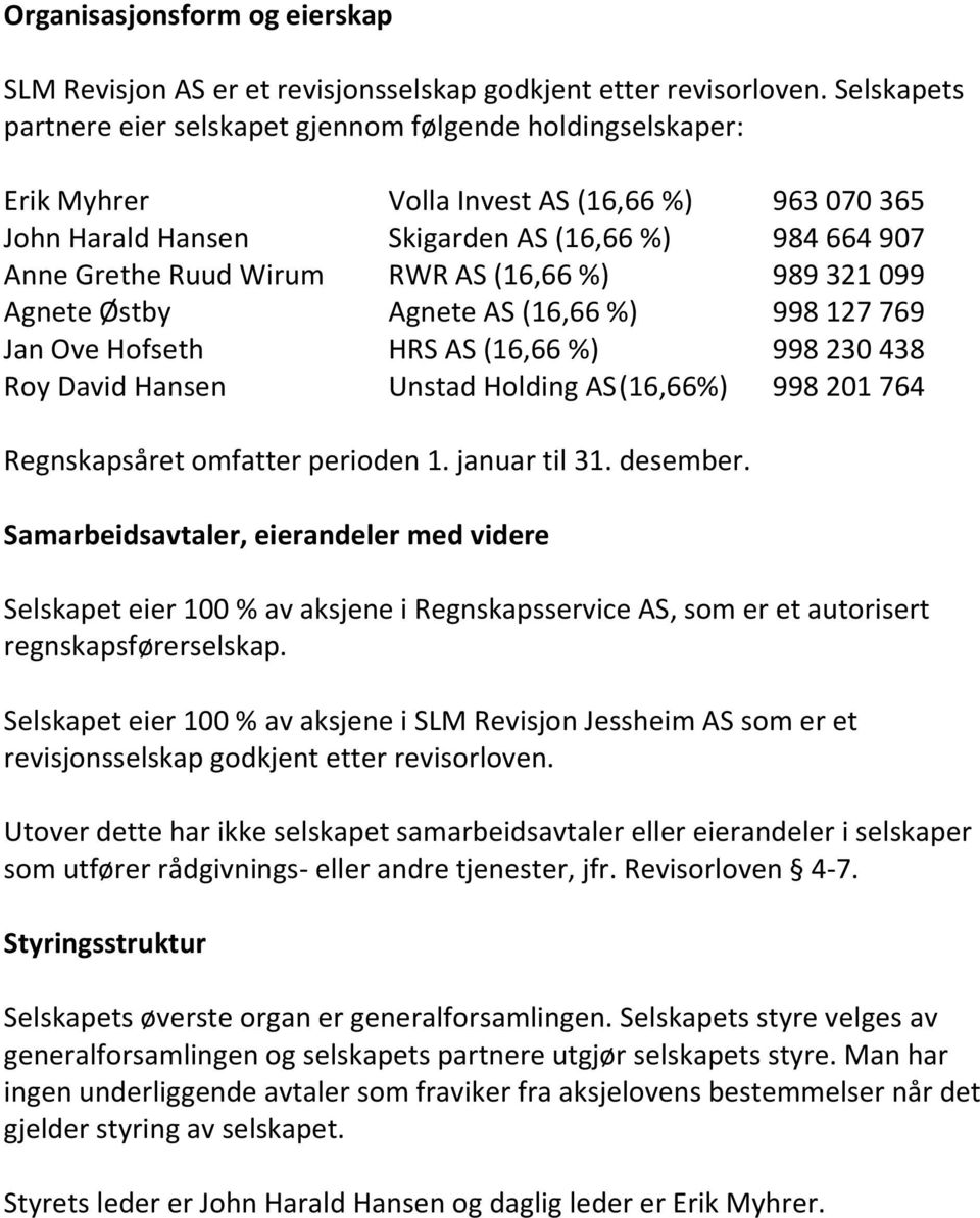 RWR AS (16,66 %) 989 321 099 Agnete Østby Agnete AS (16,66 %) 998 127 769 Jan Ove Hofseth HRS AS (16,66 %) 998 230 438 Roy David Hansen Unstad Holding AS (16,66%) 998 201 764 Regnskapsåret omfatter