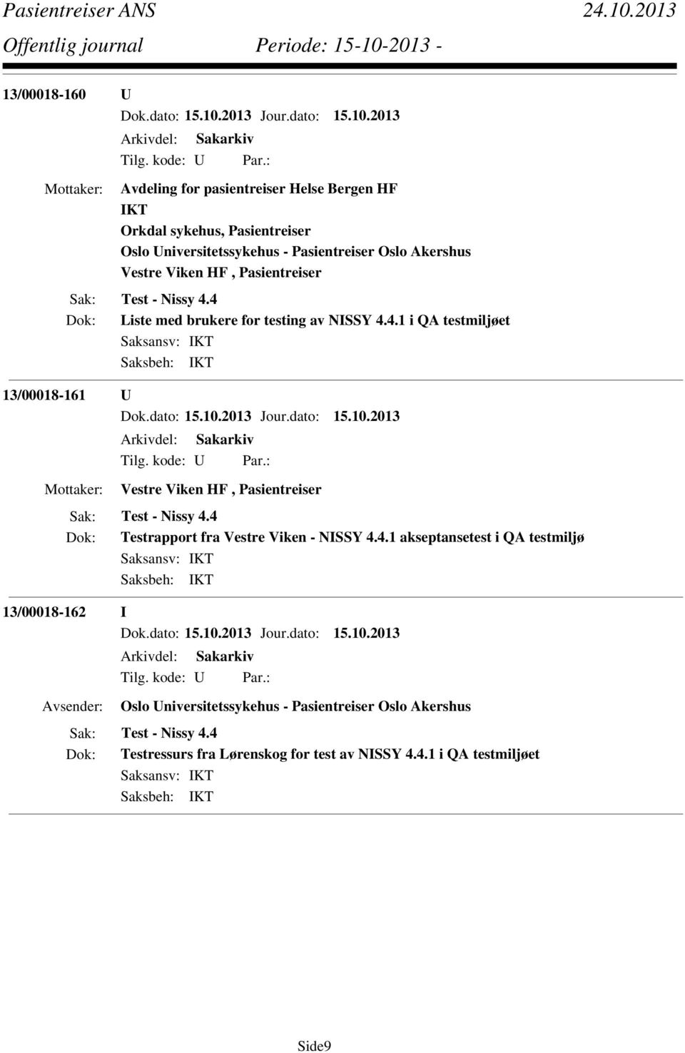 4.1 i QA testmiljøet 13/00018-161 U Vestre Viken HF, Pasientreiser Testrapport fra Vestre Viken - NISSY 4.4.1 akseptansetest