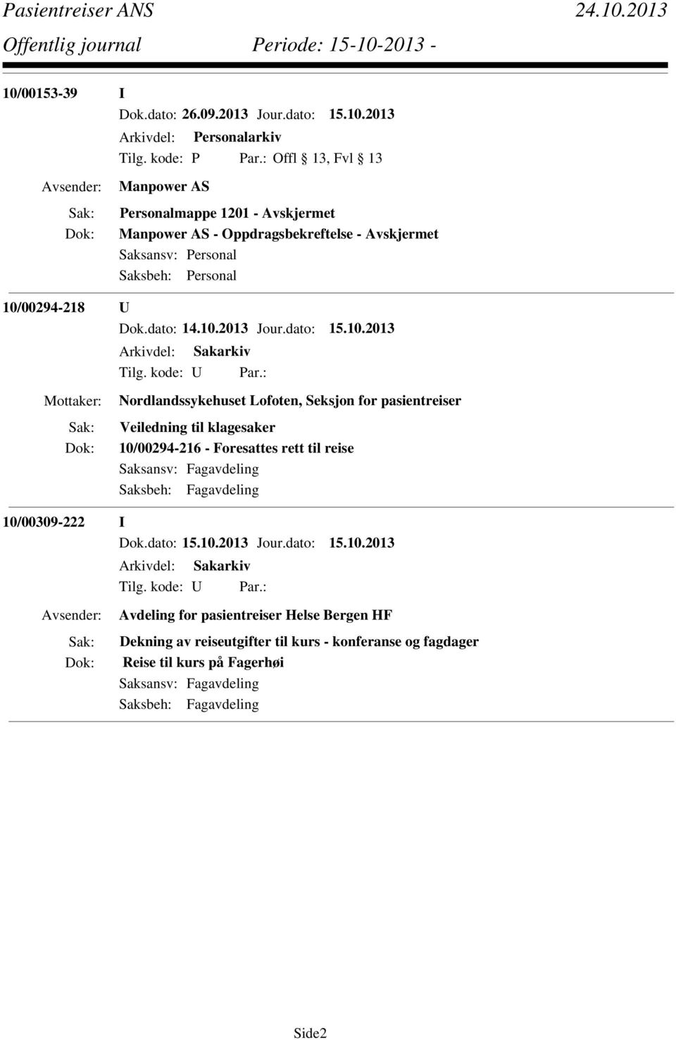 reise Saksansv: Fagavdeling Saksbeh: Fagavdeling 10/00309-222 I Avdeling for pasientreiser Helse Bergen HF Dekning