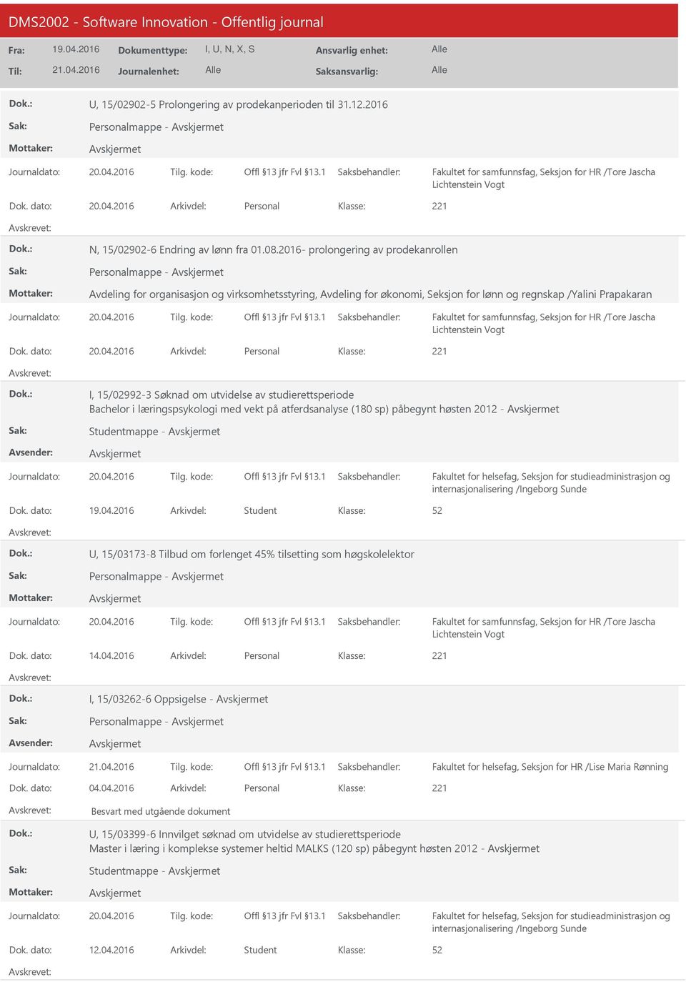 2016- prolongering av prodekanrollen Personalmappe - for økonomi, Seksjon for lønn og regnskap /Yalini Prapakaran Fakultet for samfunnsfag, Seksjon for HR /Tore Jascha Lichtenstein Vogt 20.04.