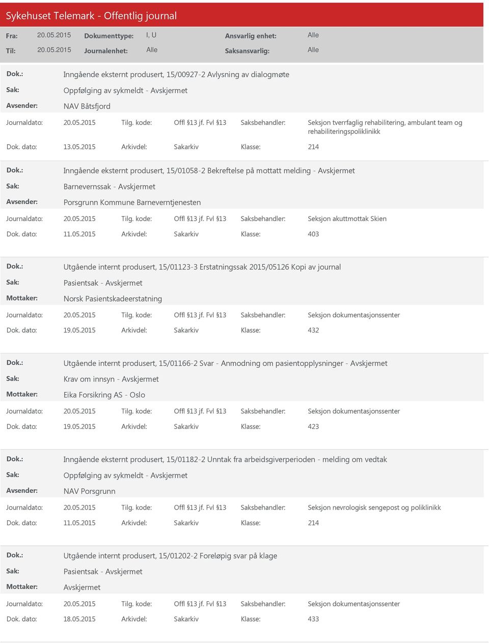 05.2015 Arkivdel: Sakarkiv 403 Utgående internt produsert, 15/01123-3 Erstatningssak 2015/05126 Kopi av journal Pasientsak - Utgående internt produsert, 15/01166-2 Svar - Anmodning om