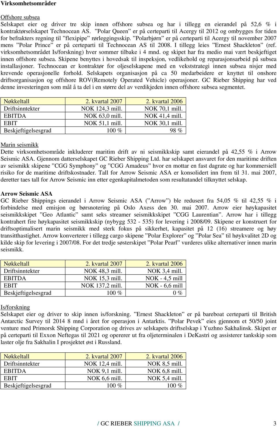 Polarbjørn er på certeparti til Acergy til november 2007 mens Polar Prince er på certeparti til Technocean AS til 2008. I tillegg leies Ernest Shackleton (ref.