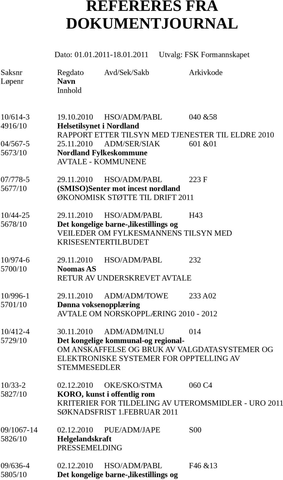 2010 HSO/ADM/PABL 223 F 5677/10 (SMISO)Senter mot incest nordland ØKONOMISK STØTTE TIL DRIFT 2011 