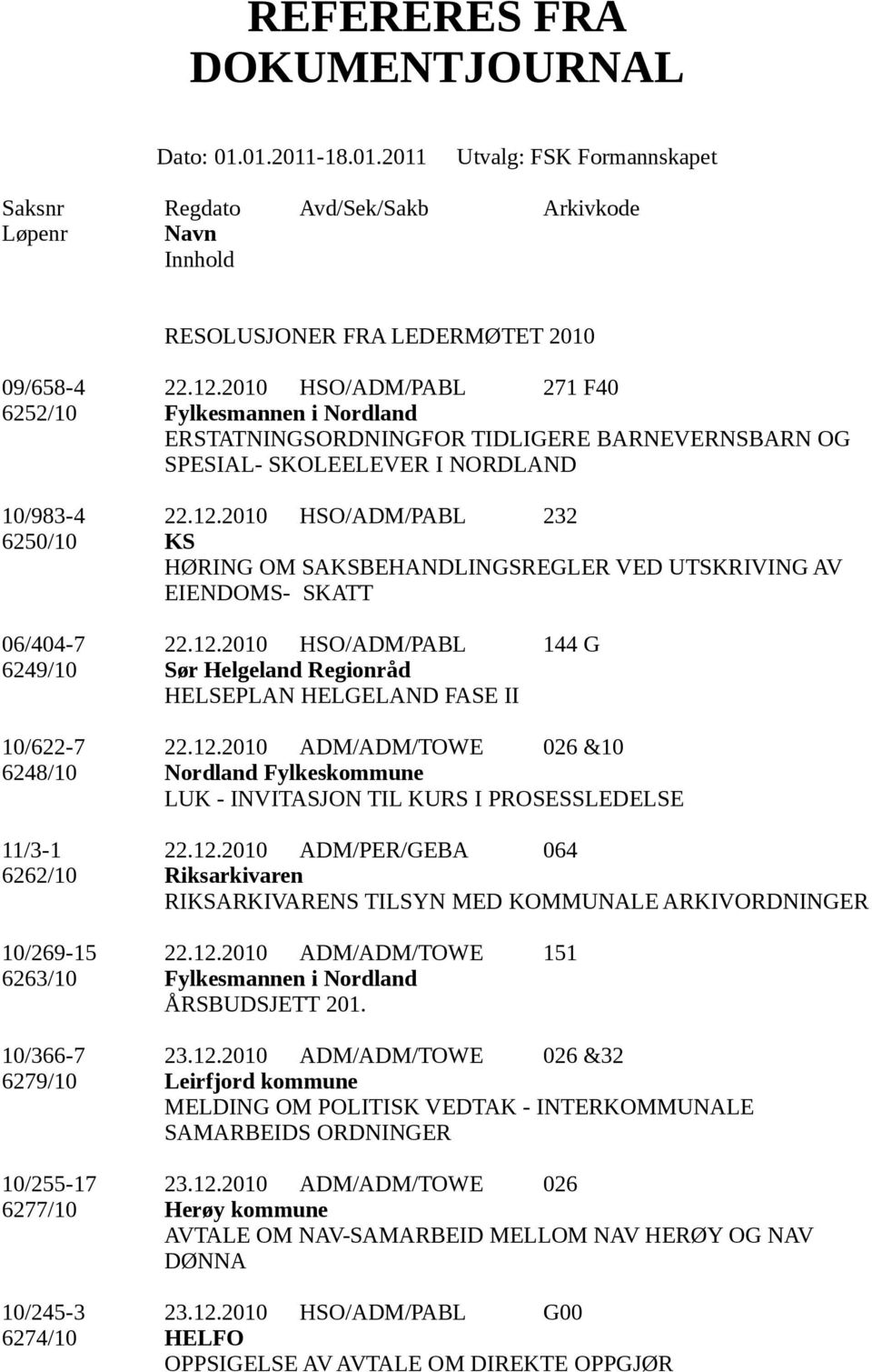 12.2010 ADM/ADM/TOWE 026 &10 6248/10 Nordland Fylkeskommune LUK - INVITASJON TIL KURS I PROSESSLEDELSE 11/3-1 22.12.2010 ADM/PER/GEBA 064 6262/10 Riksarkivaren RIKSARKIVARENS TILSYN MED KOMMUNALE ARKIVORDNINGER 10/269-15 22.