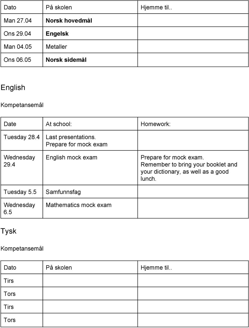 28.4 Last presentations. Prepare for mock exam Wednesday 29.4 Tuesday 5.5 Wednesday 6.