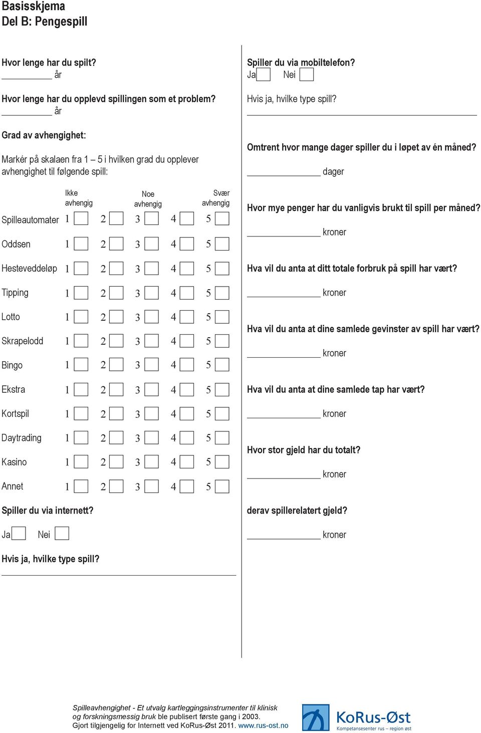 Omtrent hvor mange dager spiller du i løpet av én måned? dager Spilleautomater Oddsen Ikke avhengig Noe avhengig Svær avhengig Hvor mye penger har du vanligvis brukt til spill per måned?