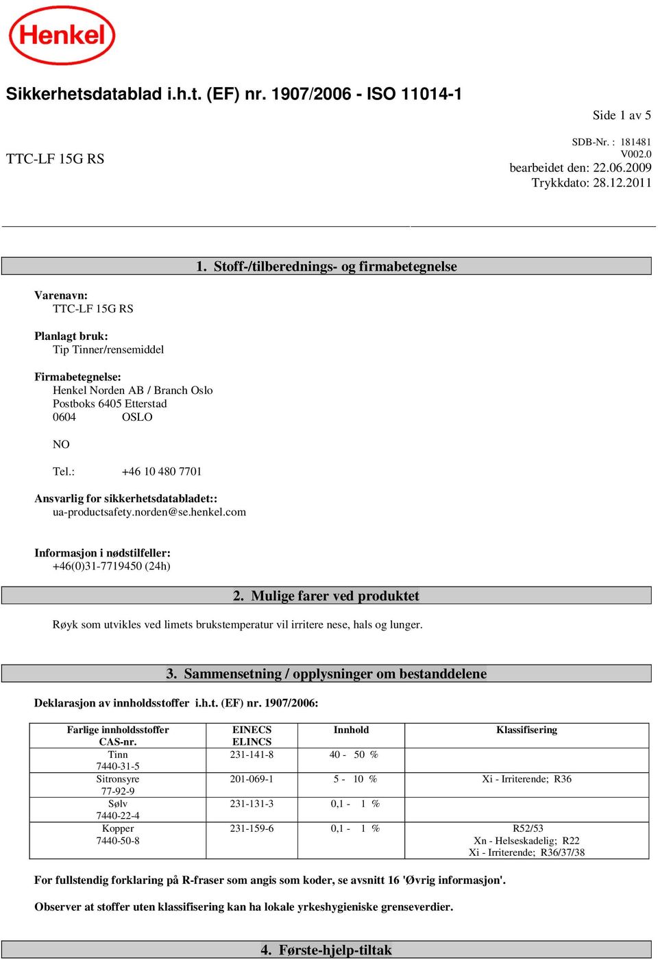 : +46 10 480 7701 Ansvarlig for sikkerhetsdatabladet:: ua-productsafety.norden@se.henkel.com Informasjon i nødstilfeller: +46(0)31-7719450 (24h) 2.