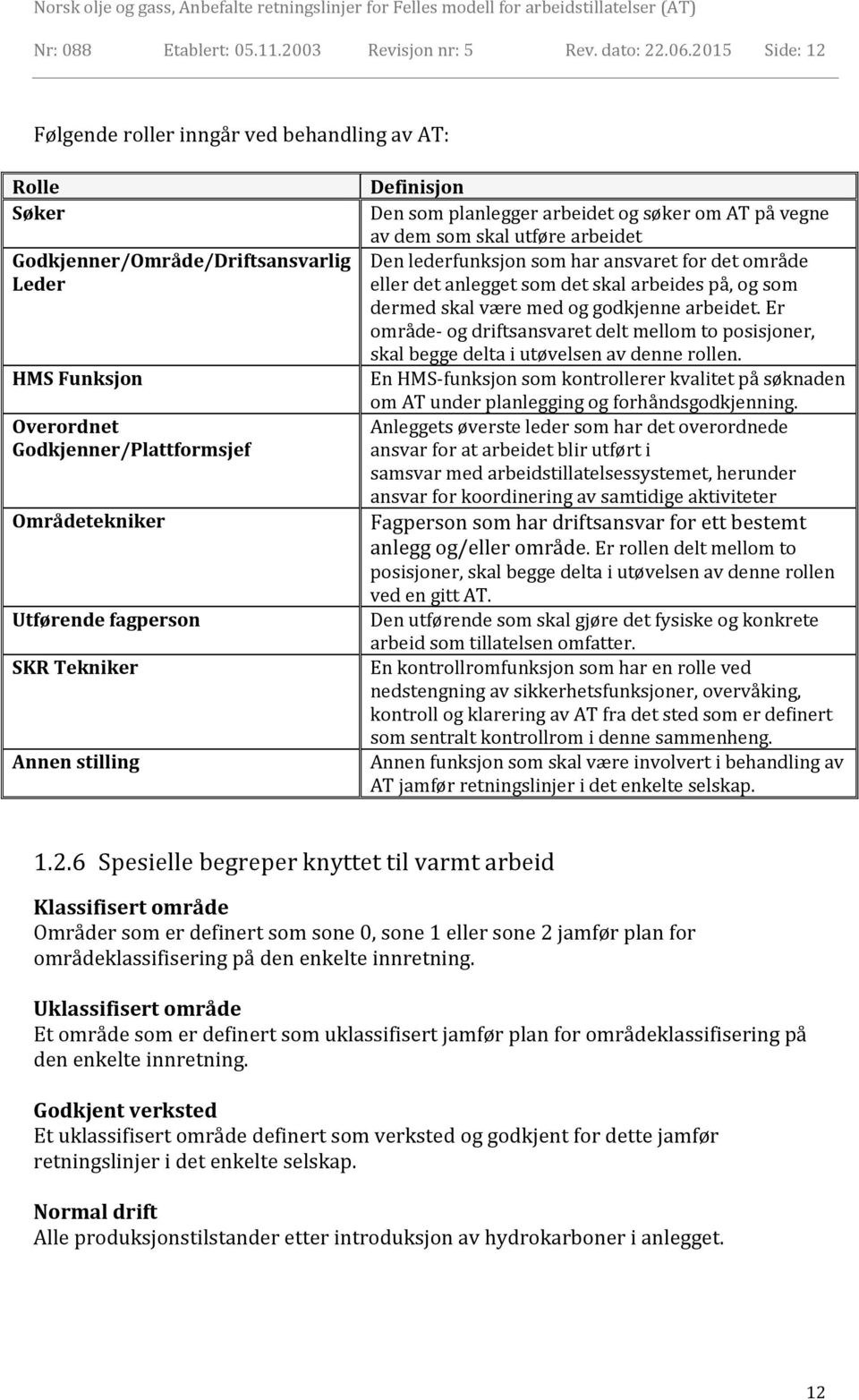 Tekniker Annen stilling Definisjon Den som planlegger arbeidet og søker om AT på vegne av dem som skal utføre arbeidet Den lederfunksjon som har ansvaret for det område eller det anlegget som det