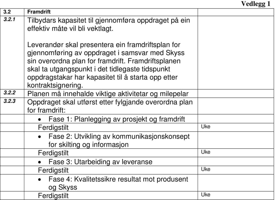 Framdriftsplanen skal ta utgangspunkt i det tidlegaste tidspunkt oppdragstakar har kapasitet til å starta opp etter kontraktsignering. 3.2.