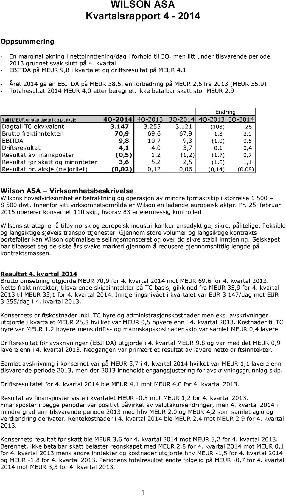 beregnet, ikke betalbar skatt stor MEUR 2,9 Endring Tall i M EUR unntatt dagtall og pr. aksje 4Q-2014 4Q-2013 3Q-2014 4Q-2013 3Q-2014 Dagtall TC ekvivalent 3.147 3.255 3.