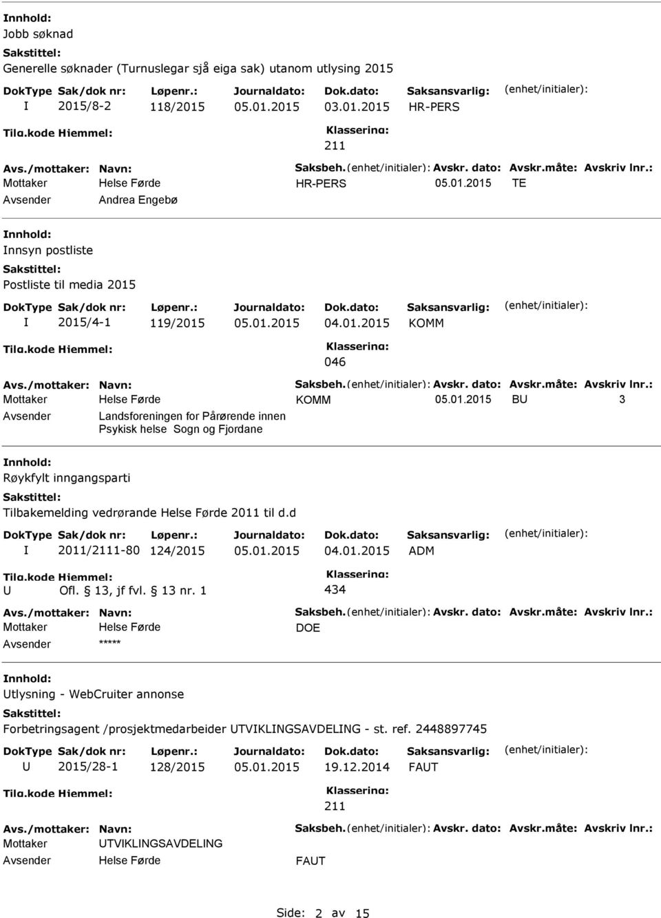 : KOMM B 3 Landsforeningen for årørende innen sykisk helse Sogn og Fjordane Røykfylt inngangsparti Tilbakemelding vedrørande 2011 til d.d 2011/1-80 124/2015 04.01.2015 ADM 434 Avs.