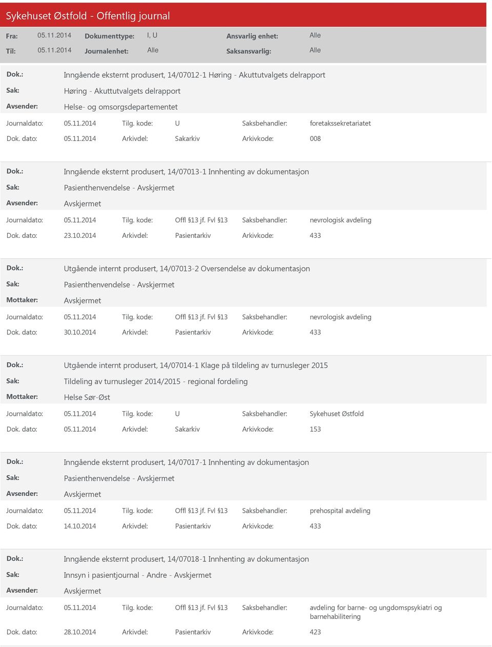 2014 Arkivdel: Pasientarkiv Arkivkode: 433 tgående internt produsert, 14/07013-2 Oversendelse av dokumentasjon Pasienthenvendelse - nevrologisk avdeling Dok. dato: 30.10.
