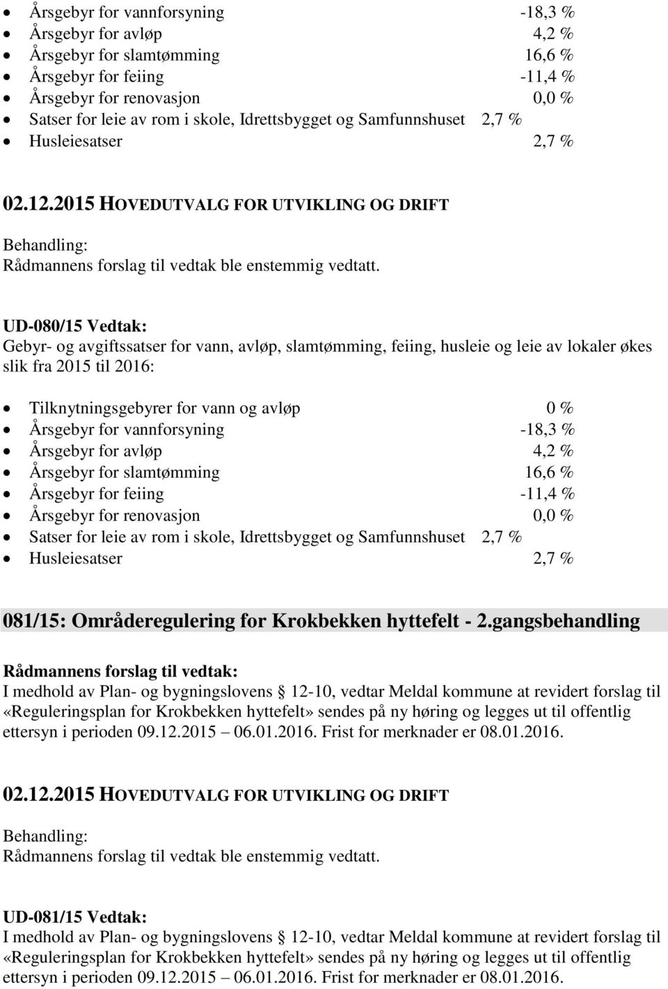 vann og avløp 0 %  Samfunnshuset 2,7 % Husleiesatser 2,7 % 081/15: Områderegulering for Krokbekken hyttefelt - 2.