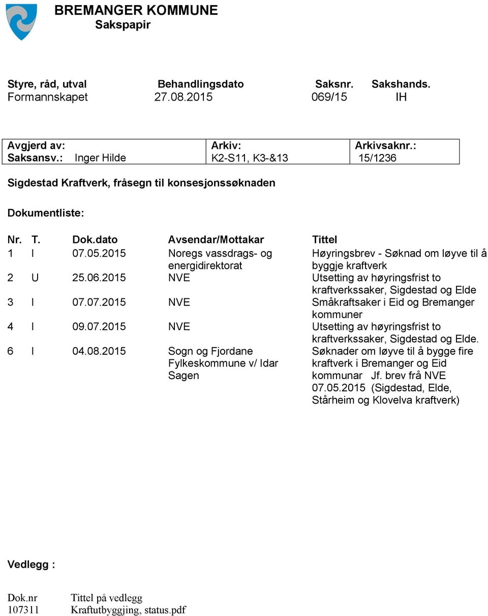 2015 Noregs vassdrags- og energidirektorat Høyringsbrev - Søknad om løyve til å byggje kraftverk 2 U 25.06.2015 NVE Utsetting av høyringsfrist to kraftverkssaker, Sigdestad og Elde 3 I 07.