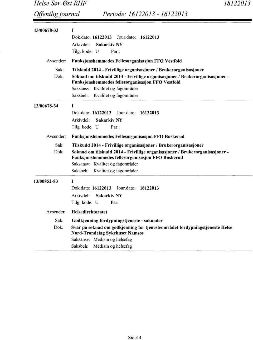 Brukerorganisasjoner Søknad om tilskudd 2014 - Frivillige organisasjoner / Brukerorganisasjoner - Funksjonshemmedes fellesorganisasjon FF0 Buskerud 13/00852-83 Helsedirektoratet