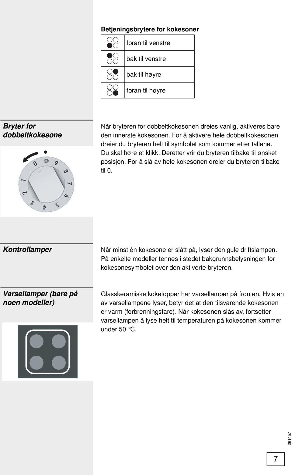 For å slå av hele kokesonen dreier du bryteren tilbake til 0. Kontrollamper Når minst én kokesone er slått på, lyser den gule driftslampen.