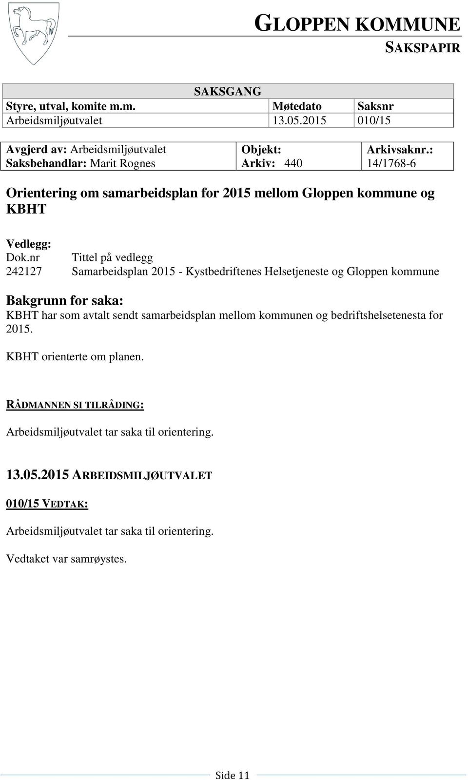 : 14/1768-6 Orientering om samarbeidsplan for 2015 mellom Gloppen kommune og KBHT Vedlegg: Dok.