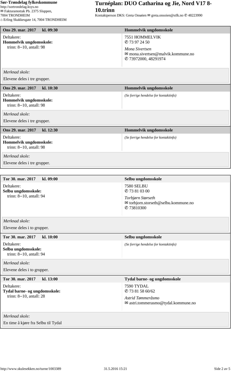 kommune.no 73810300 Tor 30. mar. 2017 kl. 10:00 Selbu ungdomsskole Selbu ungdomsskole: trinn: 8 10, antall: 94 Tor 30. mar. 2017 kl. 13:00 Tydal barne- og ungdomsskole Tydal barne- og ungdomsskole: trinn: 8 10, antall: 28 7590 TYDAL 73 81 58 60/62 Astrid Tømmeråsmo astri.