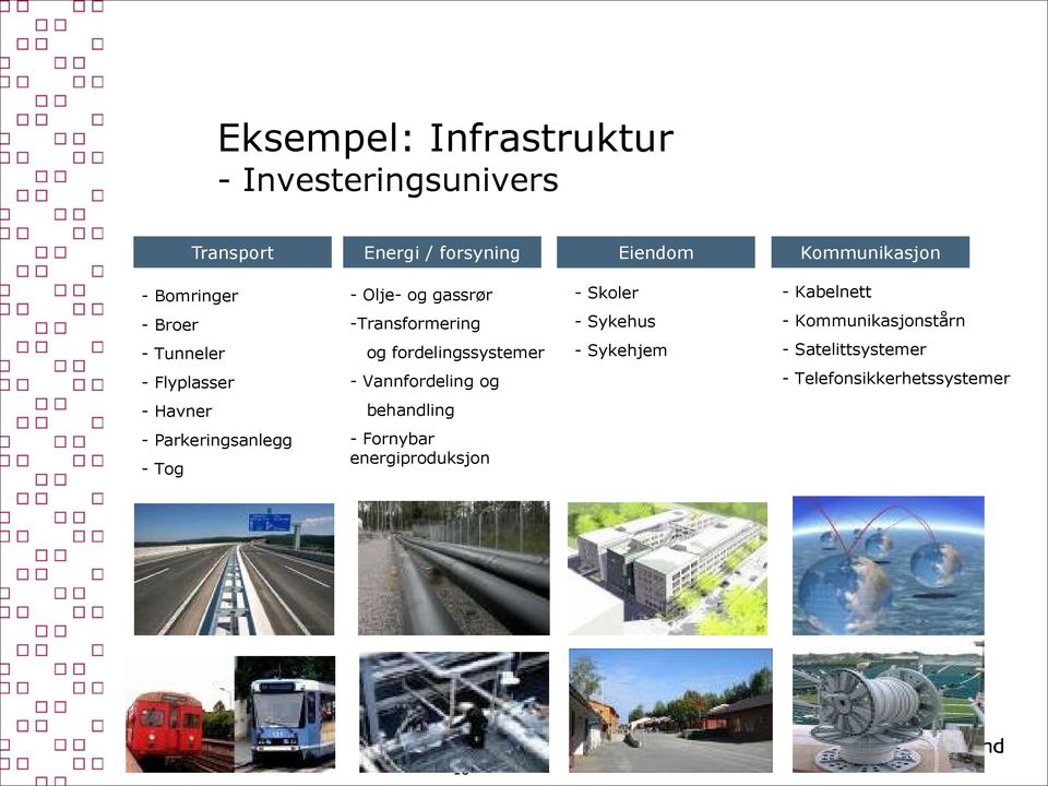 Kommunikasjonstårn - Tunneler og fordelingssystemer - Sykehjem - Satelittsystemer - Flyplasser -