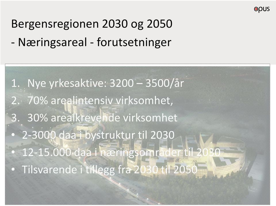 30% arealkrevende virksomhet 2-3000 daa i bystruktur til 2030 12-15.
