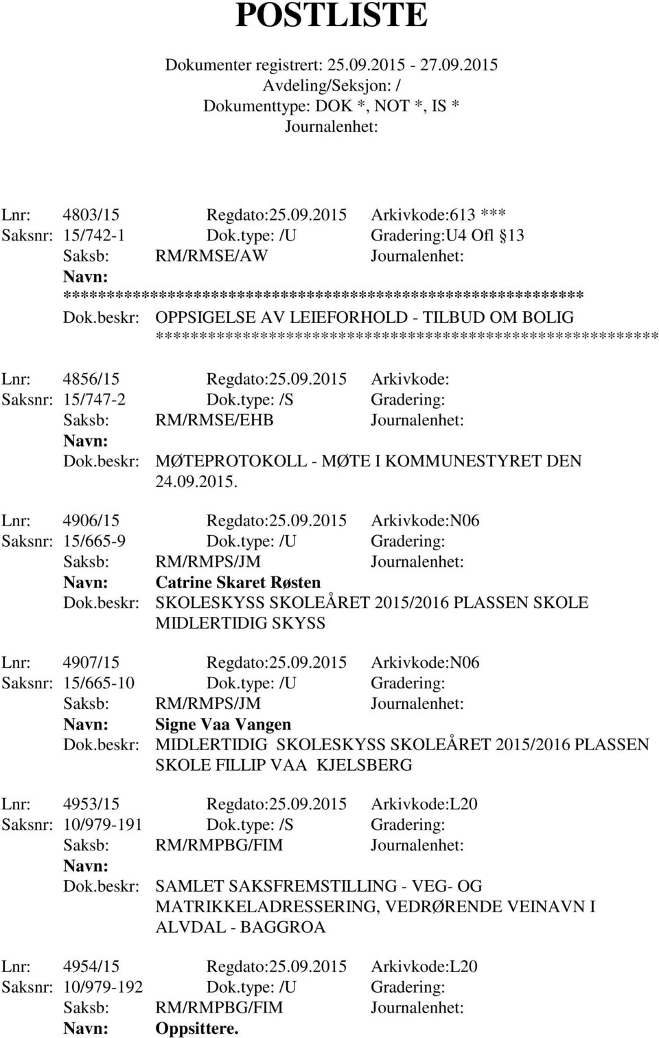 type: /U Gradering: Saksb: RM/RMPS/JM Catrine Skaret Røsten Dok.beskr: SKOLESKYSS SKOLEÅRET 2015/2016 PLASSEN SKOLE MIDLERTIDIG SKYSS Lnr: 4907/15 Regdato:25.09.