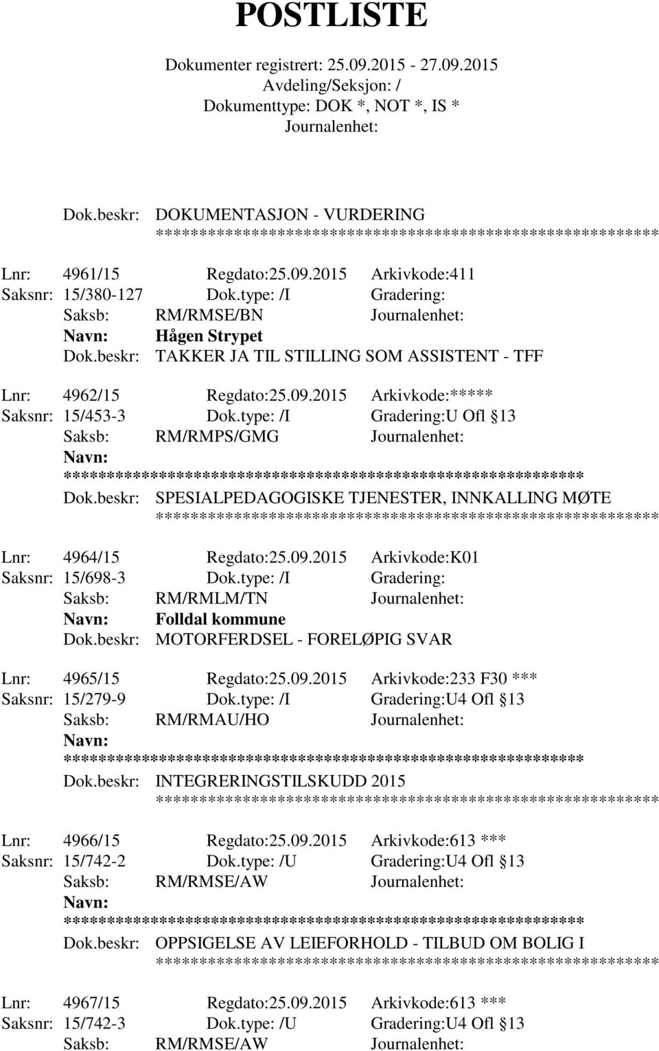 beskr: SPESIALPEDAGOGISKE TJENESTER, INNKALLING MØTE Lnr: 4964/15 Regdato:25.09.2015 Arkivkode:K01 Saksnr: 15/698-3 Dok.type: /I Gradering: Saksb: RM/RMLM/TN Folldal kommune Dok.