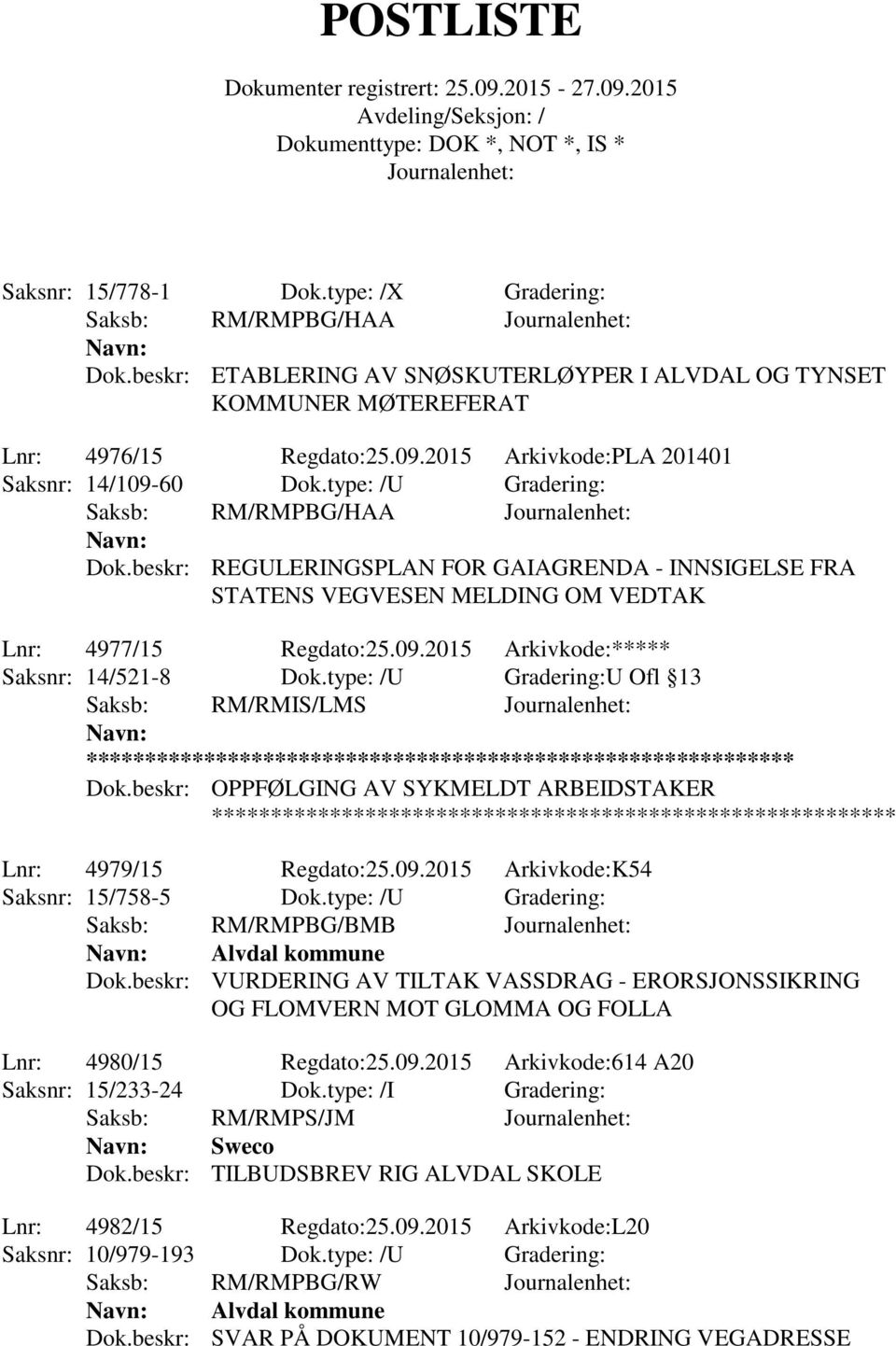 beskr: REGULERINGSPLAN FOR GAIAGRENDA - INNSIGELSE FRA STATENS VEGVESEN MELDING OM VEDTAK Lnr: 4977/15 Regdato:25.09.2015 Arkivkode:***** Saksnr: 14/521-8 Dok.