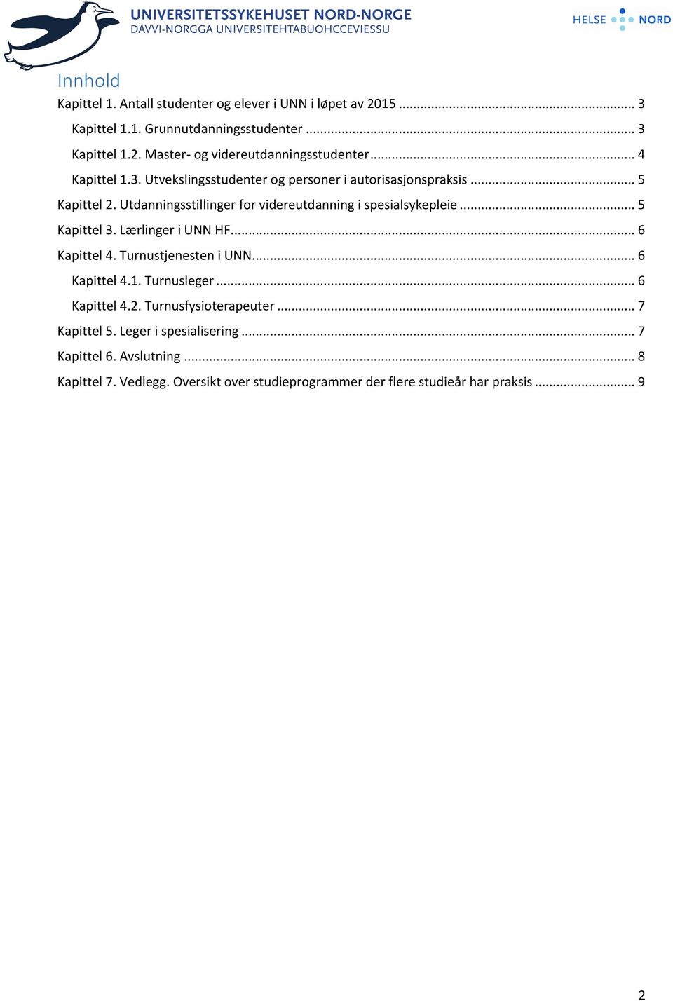 .. 5 Kapittel 3. Lærlinger i UNN HF... 6 Kapittel 4. Turnustjenesten i UNN... 6 Kapittel 4.1. Turnusleger... 6 Kapittel 4.2. Turnusfysioterapeuter.