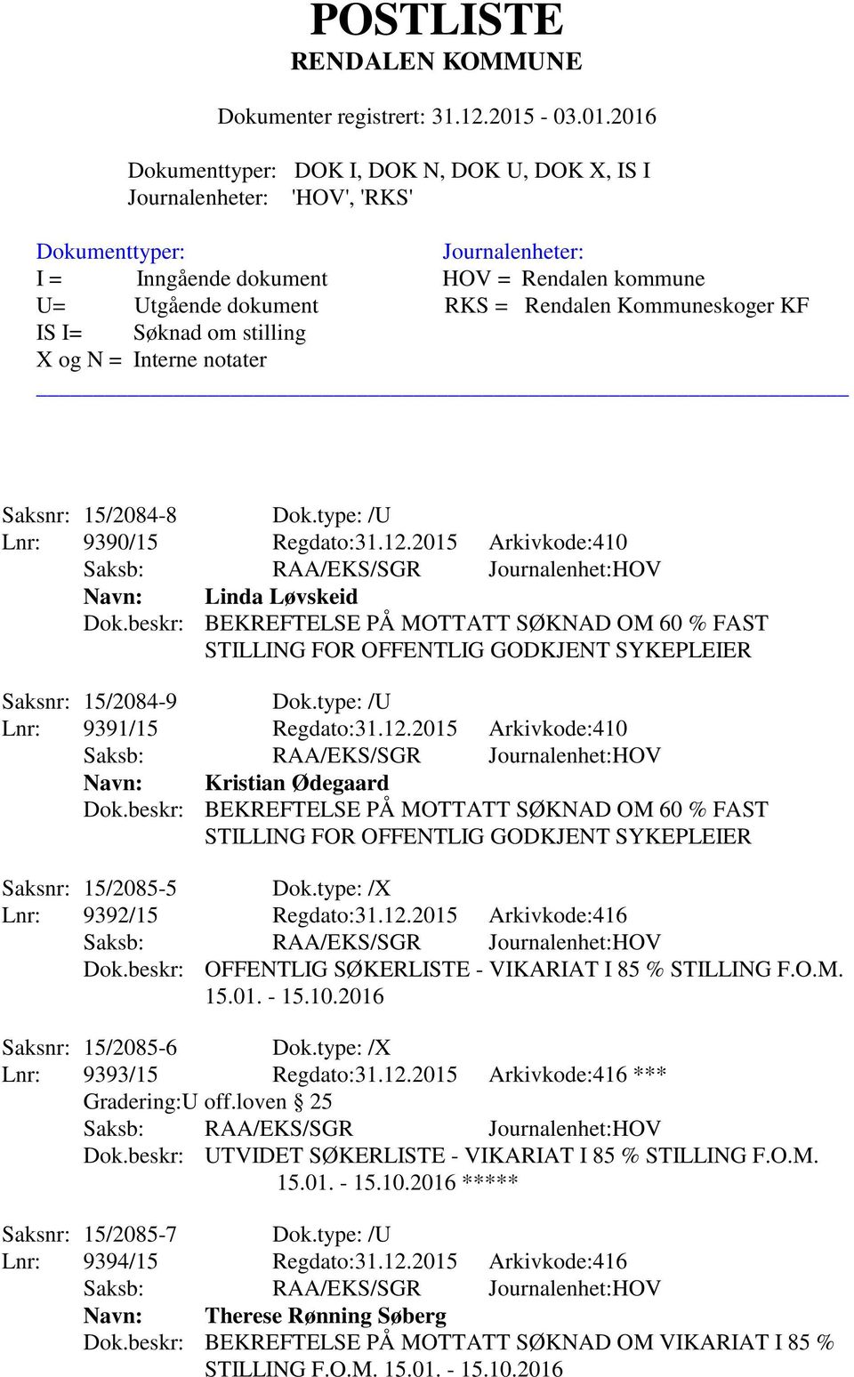 beskr: BEKREFTELSE PÅ MOTTATT SØKNAD OM 60 % FAST STILLING FOR OFFENTLIG GODKJENT SYKEPLEIER Saksnr: 15/2085-5 Dok.type: /X Lnr: 9392/15 Regdato:31.12.2015 Arkivkode:416 Dok.