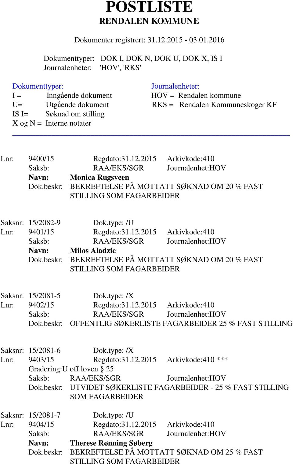 type: /X Lnr: 9402/15 Regdato:31.12.2015 Arkivkode:410 Dok.beskr: OFFENTLIG SØKERLISTE FAGARBEIDER 25 % FAST STILLING Saksnr: 15/2081-6 Dok.type: /X Lnr: 9403/15 Regdato:31.12.2015 Arkivkode:410 *** Dok.