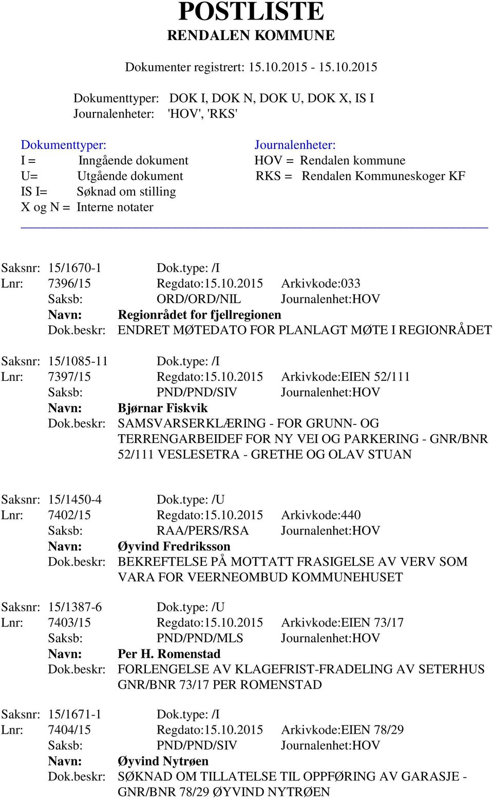 beskr: SAMSVARSERKLÆRING - FOR GRUNN- OG TERRENGARBEIDEF FOR NY VEI OG PARKERING - GNR/BNR 52/111 VESLESETRA - GRETHE OG OLAV STUAN Saksnr: 15/1450-4 Dok.type: /U Lnr: 7402/15 Regdato:15.10.