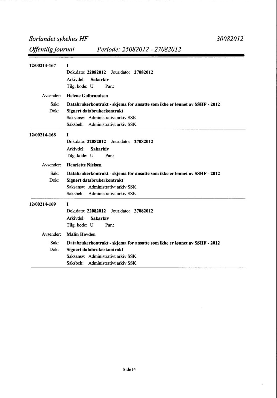 Databrukerkontrakt- skjema for ansatte som ikke er lønnet av SSHF - 2012 Signert databrukerkontrakt 12/00214-169 I Malin Hovden