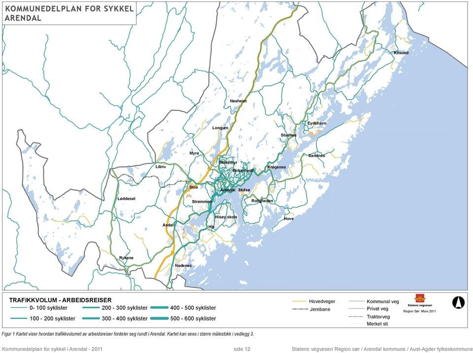 Region Sør Mars 2011 Figur 1 Kartet viser hvordan trafikkvolumet av arbeidsreiser