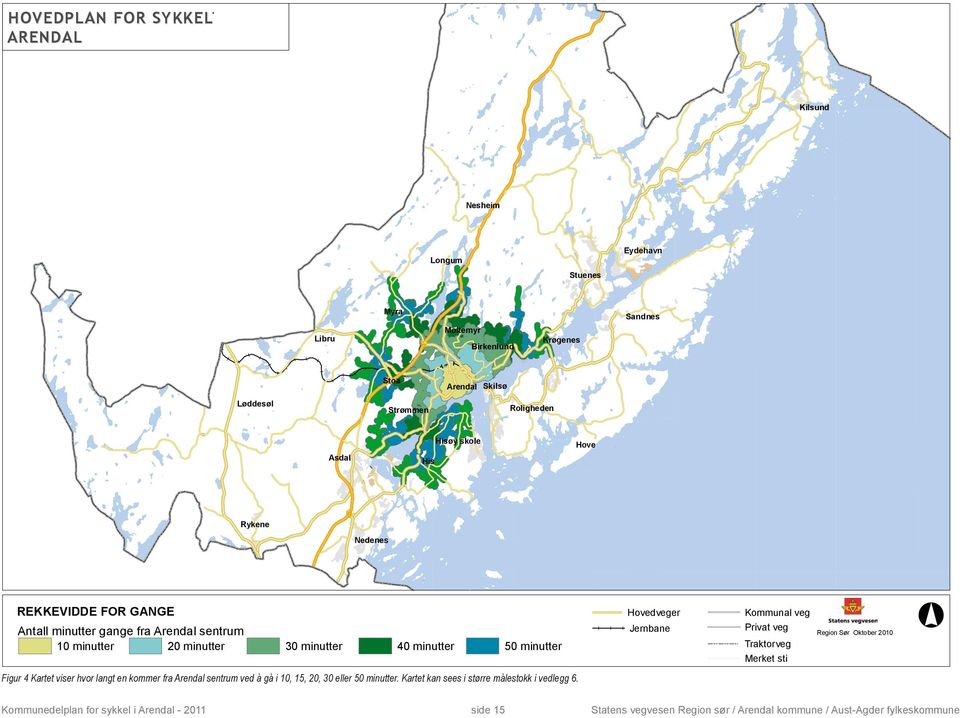 Sør Oktober 2010 Figur 4 Kartet viser hvor langt en kommer fra Arendal sentrum ved å gå
