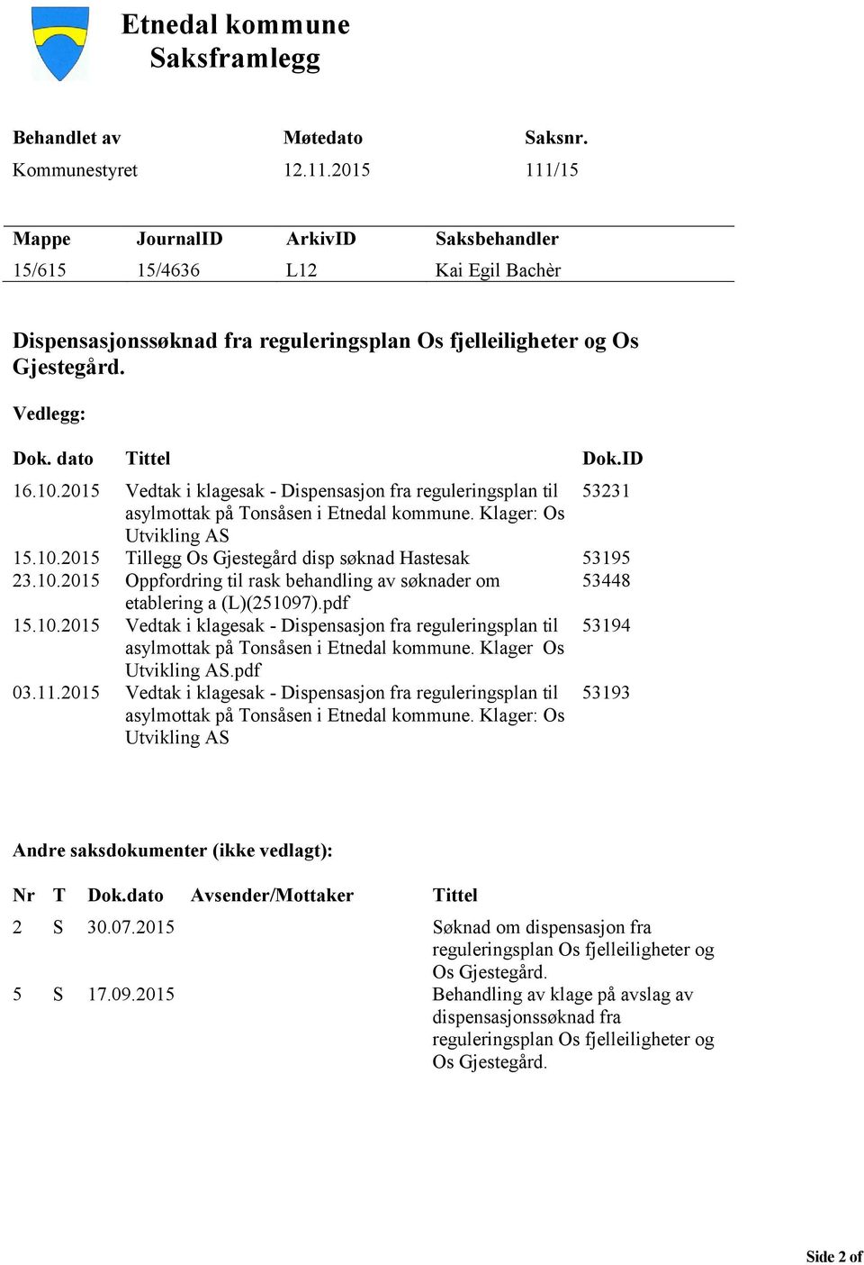 10.2015 Vedtak i klagesak - Dispensasjon fra reguleringsplan til 53231 asylmottak på Tonsåsen i Etnedal kommune. Klager: Os Utvikling AS 15.10.2015 Tillegg Os Gjestegård disp søknad Hastesak 53195 23.