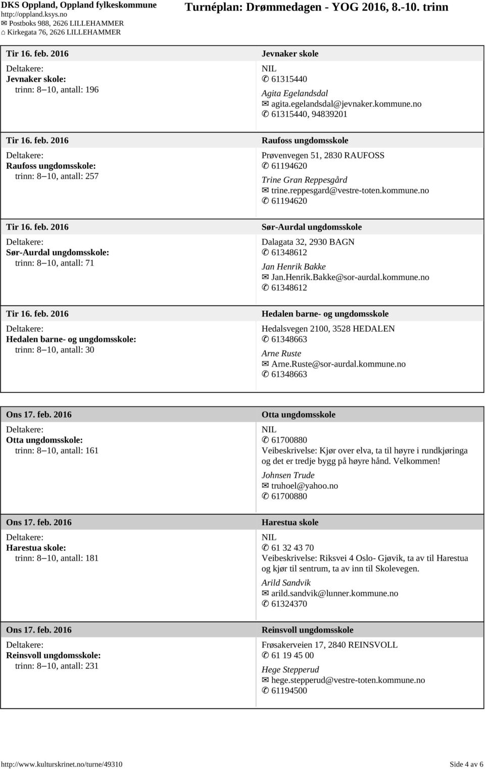 reppesgard@vestre-toten.kommune.no 61194620 Sør-Aurdal ungdomsskole Dalagata 32, 2930 BAGN 61348612 Jan Henrik Bakke Jan.Henrik.Bakke@sor-aurdal.kommune.no 61348612 Hedalen barne- og ungdomsskole Hedalsvegen 2100, 3528 HEDALEN 61348663 Arne Ruste Arne.