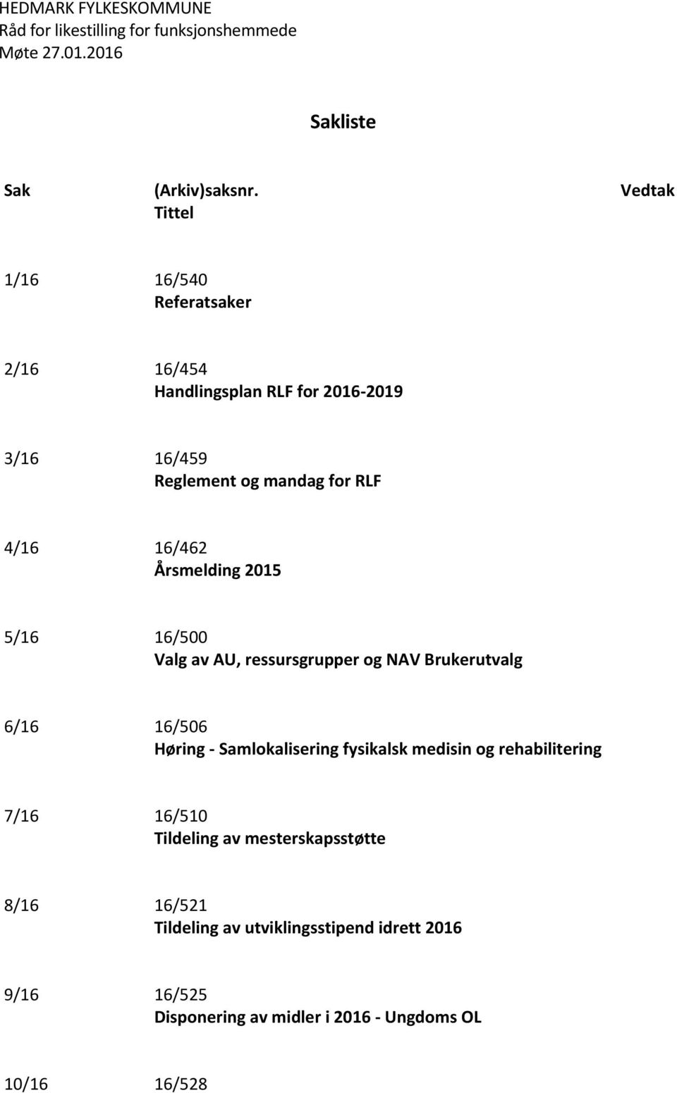 Årsmelding 2015 5/16 16/500 Valg av AU, ressursgrupper og NAV Brukerutvalg 6/16 16/506 Høring - Samlokalisering fysikalsk medisin og