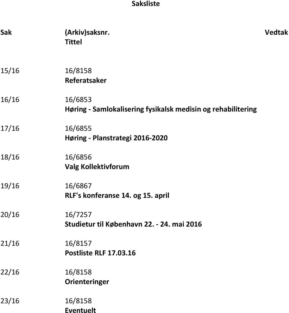 rehabilitering 17/16 16/6855 Høring - Planstrategi 2016-2020 18/16 16/6856 Valg Kollektivforum 19/16