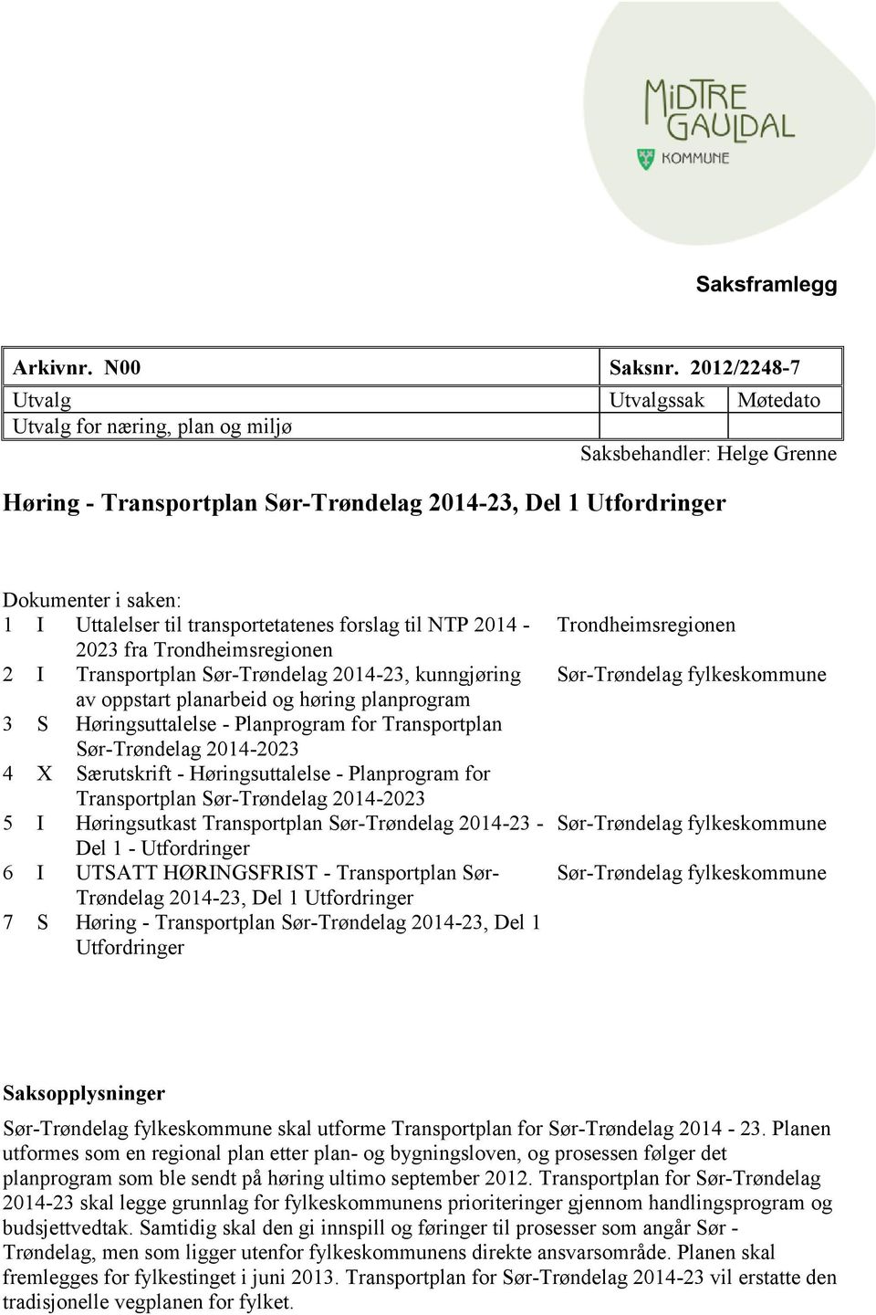 til transportetatenes forslag til NTP 2014-2023 fra Trondheimsregionen 2 I Transportplan Sør-Trøndelag 2014-23, kunngjøring av oppstart planarbeid og høring planprogram 3 S Høringsuttalelse -