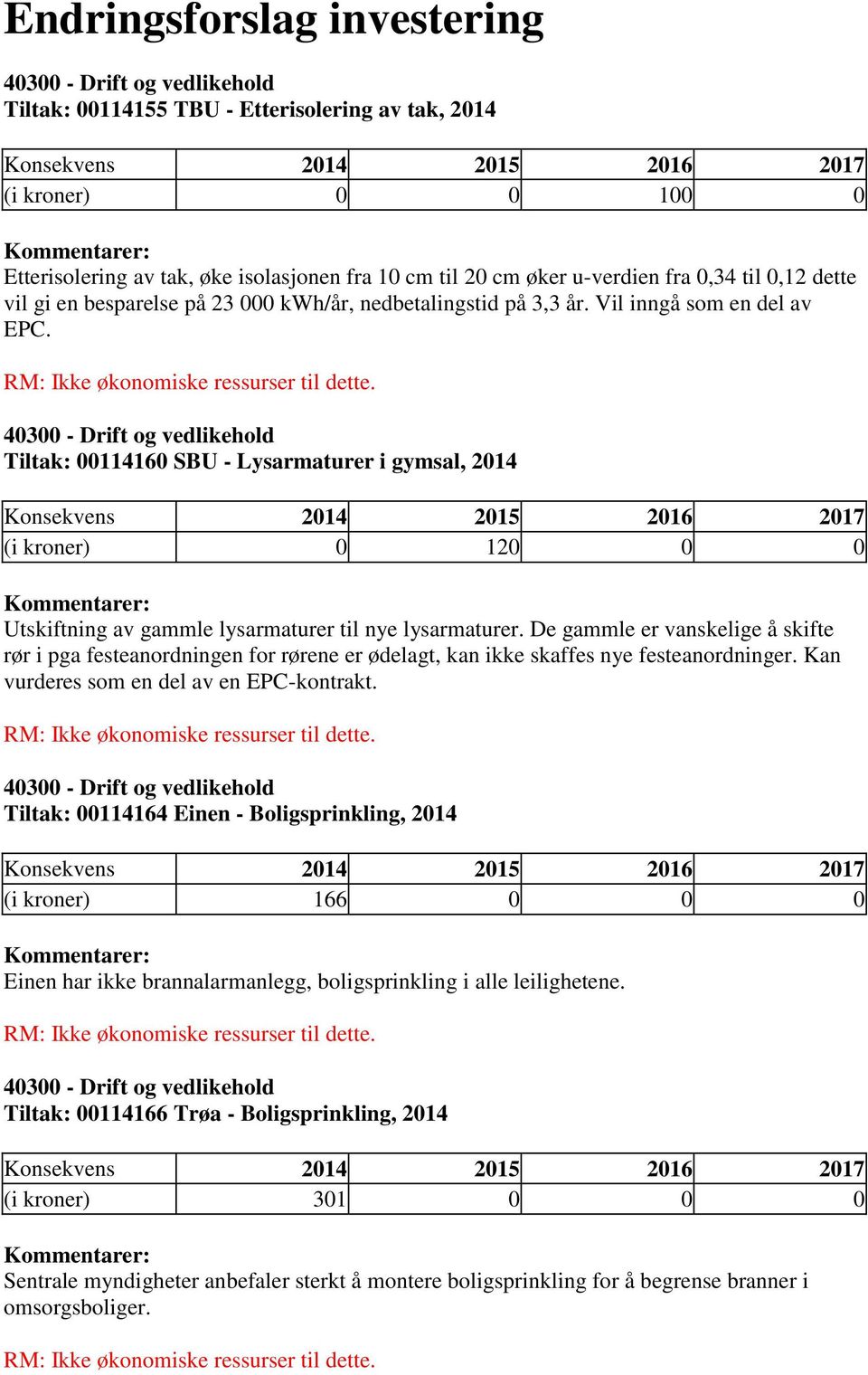 De gammle er vanskelige å skifte rør i pga festeanordningen for rørene er ødelagt, kan ikke skaffes nye festeanordninger. Kan vurderes som en del av en EPC-kontrakt.