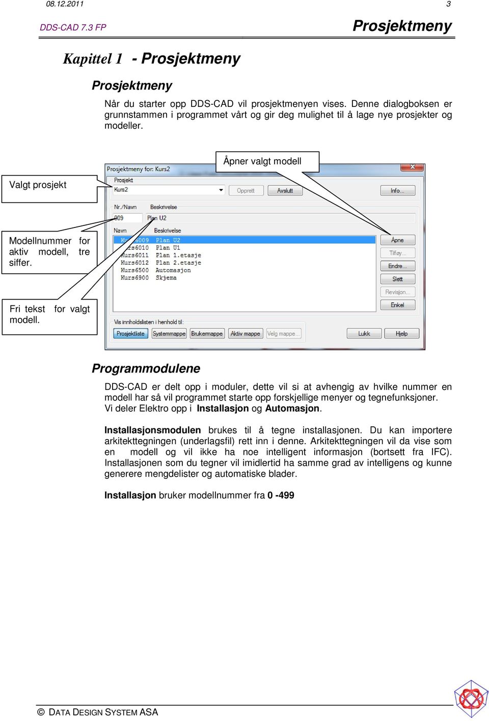 Fri tekst for valgt modell. Programmodulene DDS-CAD er delt opp i moduler, dette vil si at avhengig av hvilke nummer en modell har så vil programmet starte opp forskjellige menyer og tegnefunksjoner.