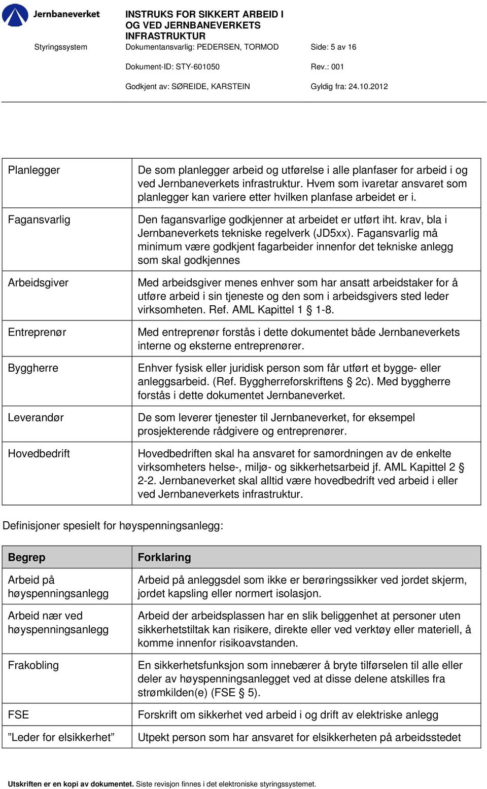 Den fagansvarlige godkjenner at arbeidet er utført iht. krav, bla i Jernbaneverkets tekniske regelverk (JD5xx).